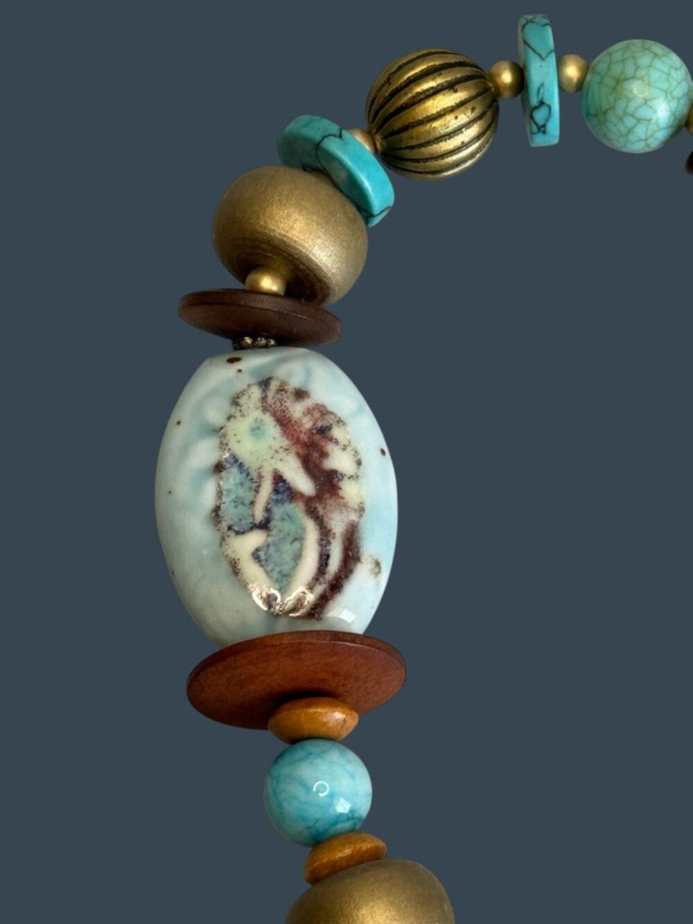 Boho Turquoise Chunky Necklace Stone Pendant Ceramic Bead Adjustable 26in - Picture 4 of 10